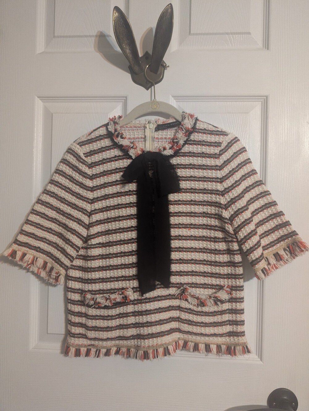 Zara Striped Boucle Tweed Bow Retro Top Blouse Classy Medium